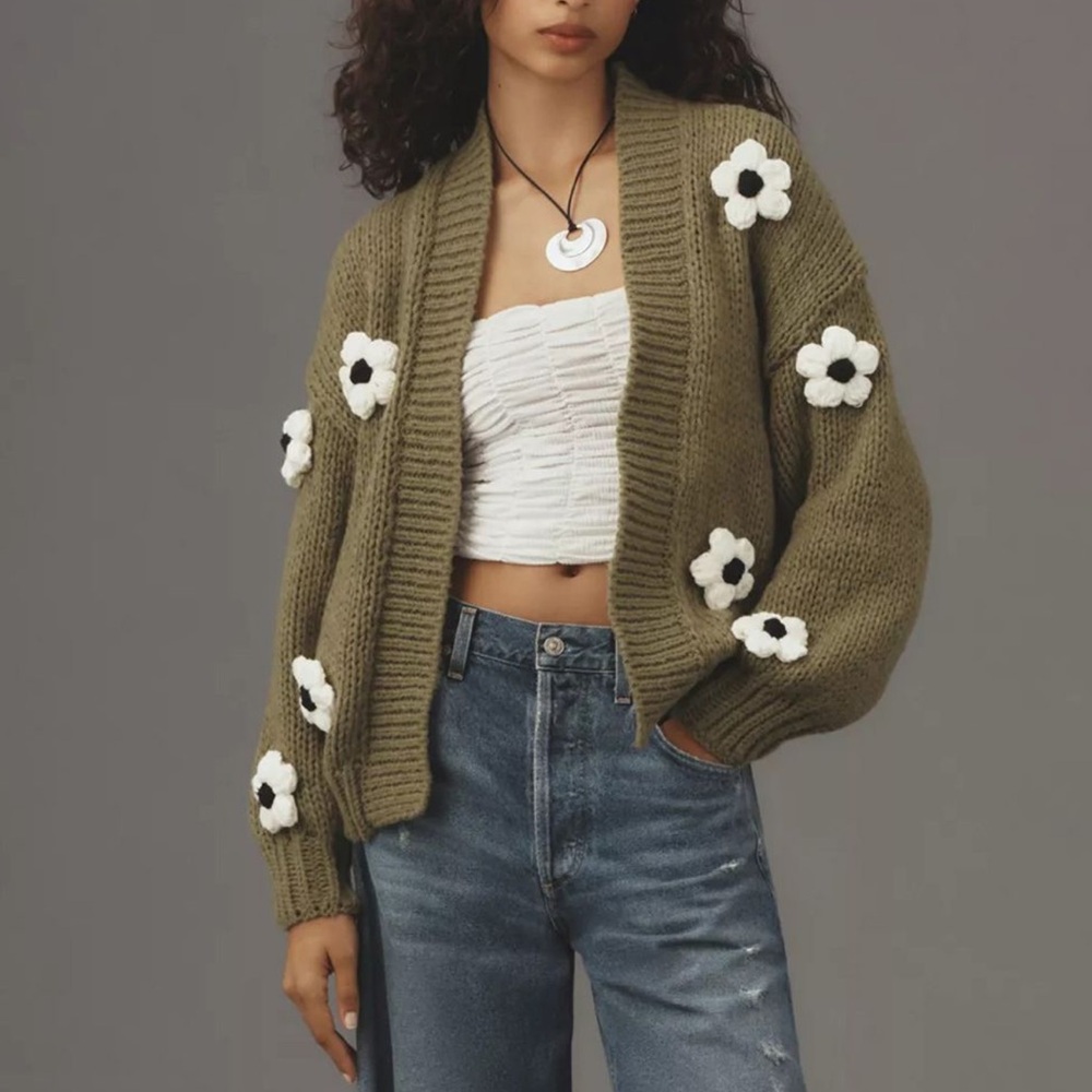 Anthropologie The Susannah 3D Flower Cardigan Sweater in MossGreen | OS NWT